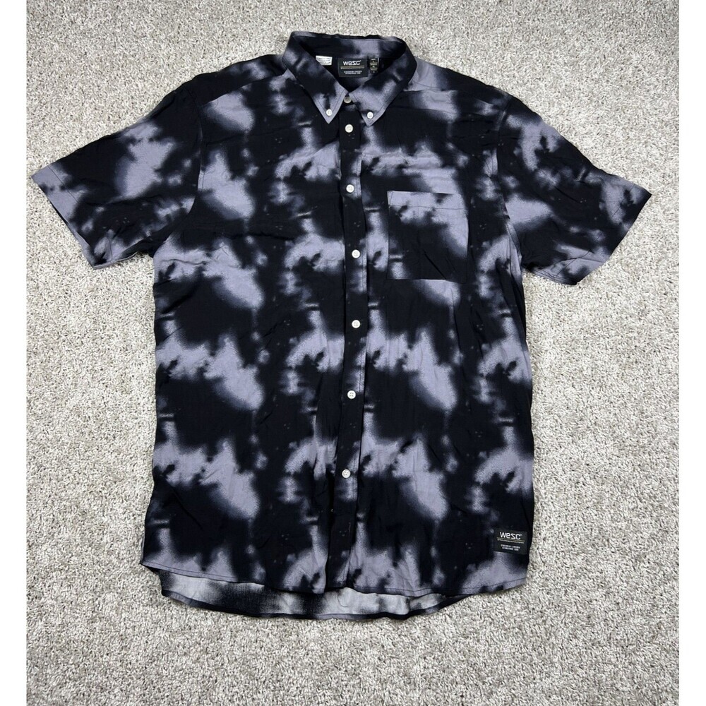 WeSC Tie Dye Button Up Shirt Mens L Black Gray Streetwear Y2K